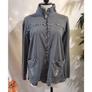 Vtg Needle & Threads Womens Zip Animal Print Cat Jacket Size M Bling Kitty Gray